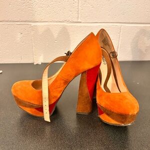 Candie's Orange Suede Platform Mary Jane Heels with Brown & Red Accents